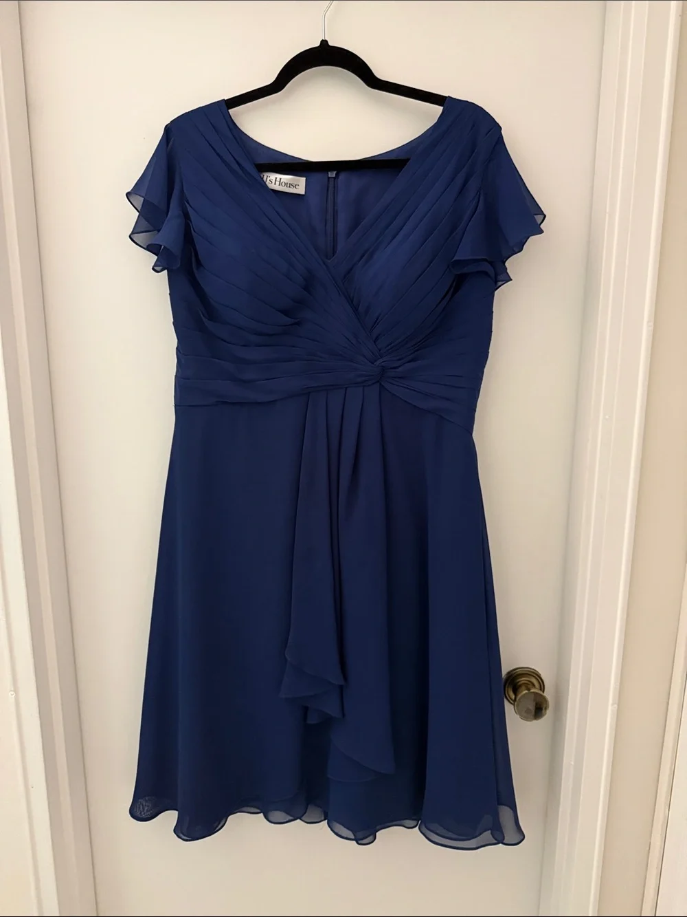 Navy Chiffon V-Neck Knee-Length Dress